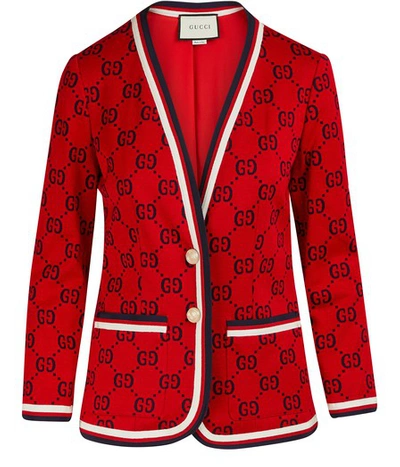Shop Gucci Gg Patterned Blazer In Red Blue