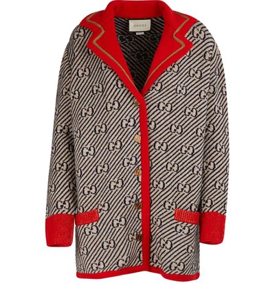 Shop Gucci Lamé Knit Cardigan In Beige/blue