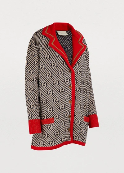 Shop Gucci Lamé Knit Cardigan In Beige/blue