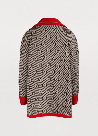 Shop Gucci Lamé Knit Cardigan In Beige/blue