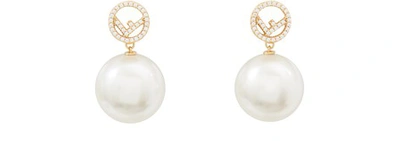 Shop Fendi F Mini Earrings In Soft Gold/white