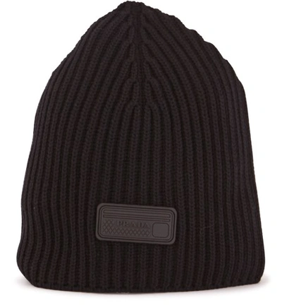 Prada Knit Beanie With Logo Patch In Black | ModeSens