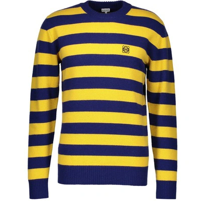 Shop Loewe Anagram Stripe Round Neck Jumper In Navy/yellow