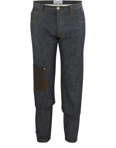 Shop Loewe Jeans With Leather Pocket In Blue