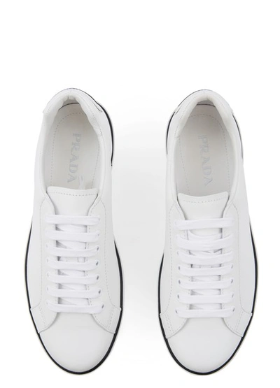 Shop Prada Badge Leather Trainers In White