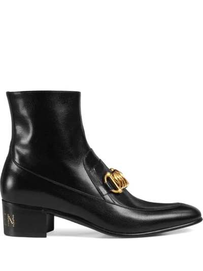 Shop Gucci Leather Horsebit Chain Boots In Black
