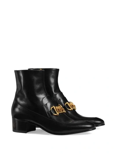 Shop Gucci Leather Horsebit Chain Boots In Black