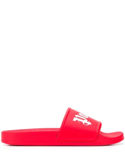 Shop Palm Angels Branded Toe Straps Slides In Red