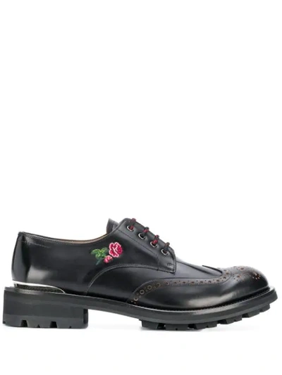 Shop Alexander Mcqueen Floral Embroidered Lace-up Shoes In Black