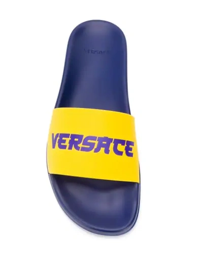 Shop Versace Logo Print Slides In Yellow ,blue