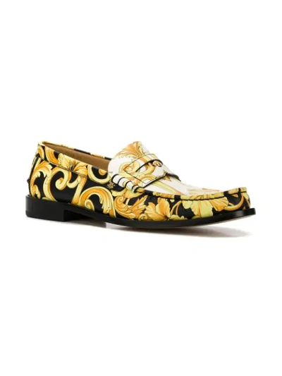 Shop Versace Hibiscus Print Leather Loafers In Black