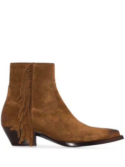 Shop Saint Laurent Lukas Fringed Ankle Boots In Brown