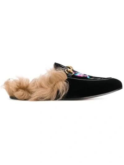 Shop Gucci Dragon Embroidered Princetown Slippers - Black