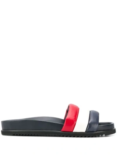 Shop Thom Browne Striped Leather Pool Slides In Blue