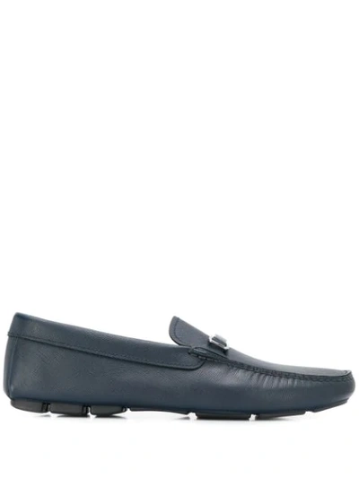 Shop Prada Saffiano Leather Logo Loafers In Blue