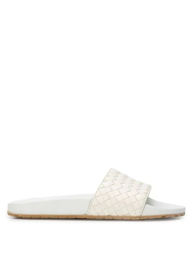 Shop Bottega Veneta Basket Woven Slides In White