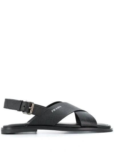 Shop Prada Side Buckle Flat Sandals In Black