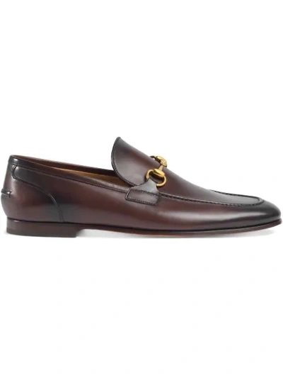 Shop Gucci Brown Jordan Buckle Embellished Leather Loafers