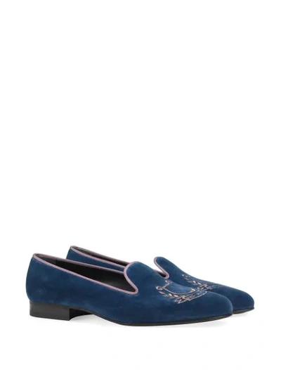 Shop Gucci Embroidered Lyre Moccasins In Blue