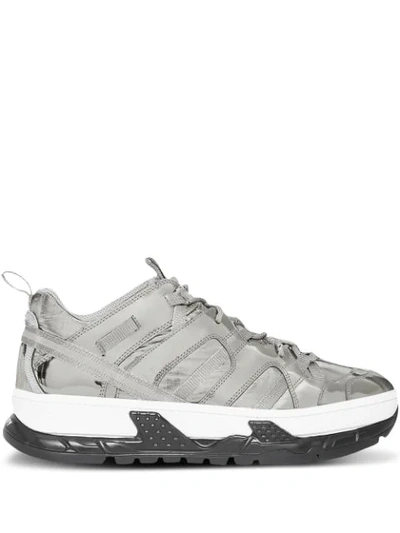 Shop Burberry Metallic Leather And Nylon Union Sneakers In Silver