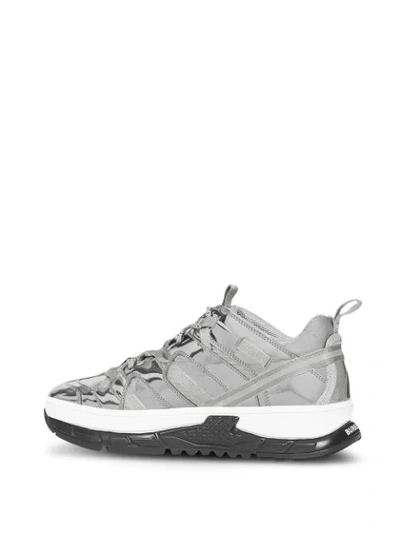 Shop Burberry Metallic Leather And Nylon Union Sneakers In Silver