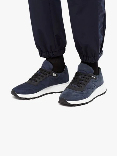 Shop Prada Nubuck Leather Sneakers In Blue