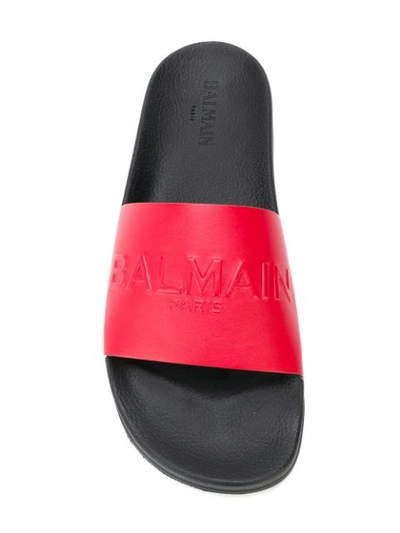 Shop Balmain Embossed Logo Slides In Red