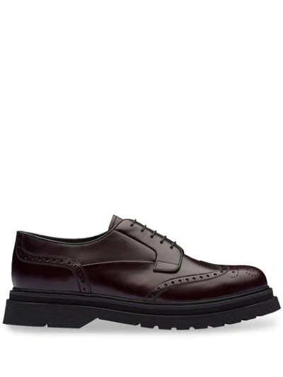 Shop Prada Brushed Leather Laced Derby Shoes In Red