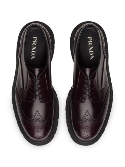 Shop Prada Brushed Leather Laced Derby Shoes In Red