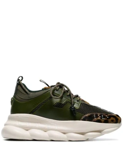 VERSACE KHAKI GREEN CHAIN REACTION LEOPARD PRINT LOW-TOP LEATHER SNEAKERS - 绿色