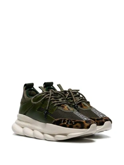 Shop Versace Khaki Green Chain Reaction Leopard Print Low-top Leather Sneakers