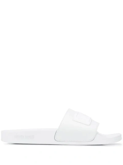 Shop Roberto Cavalli Logo Embossed Slides In White