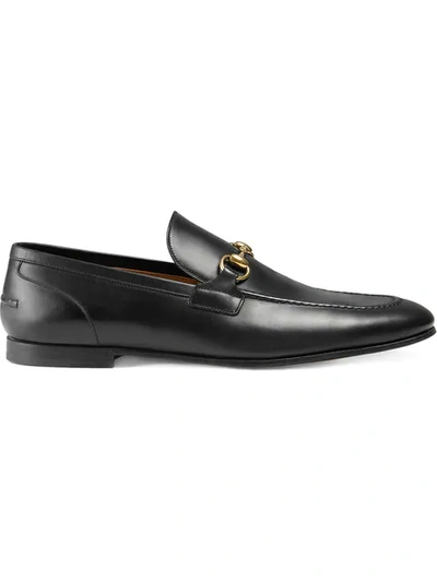 Shop Gucci Black Jordan Buckle Embellished Leather Loafers