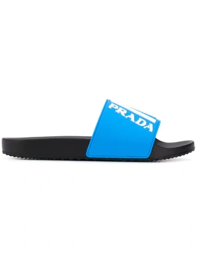 Shop Prada Logo Slides In Blue