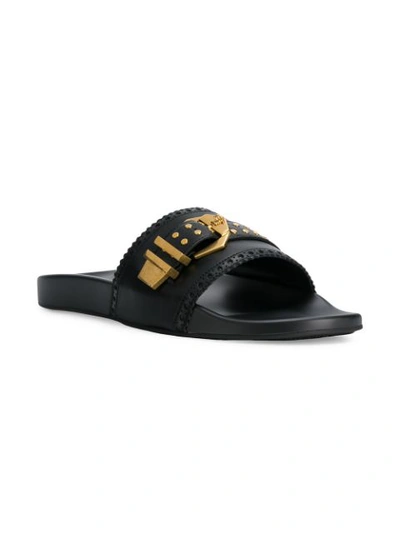 Shop Versace Palazzo Buckle Top Leather Slides In Black