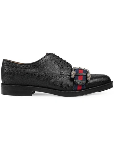 Shop Gucci Leather Brogue Shoe With Web In Black ,multicolour