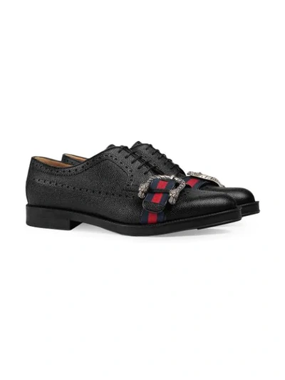 Shop Gucci Leather Brogue Shoe With Web In Black ,multicolour