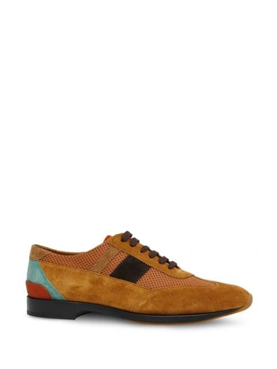 Shop Burberry Mesh Panel Suede Lace-up Shoes In Brown