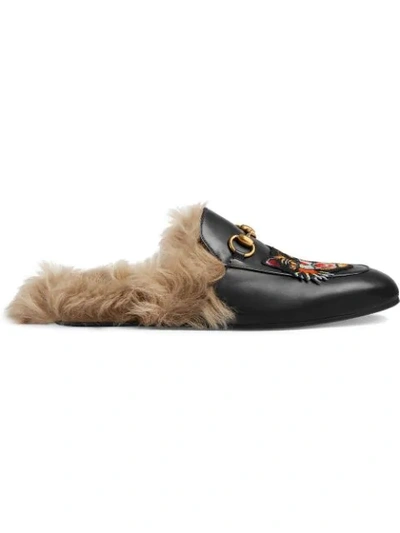 Shop Gucci Princetown Slippers With Angry Cat Appliqué In Black