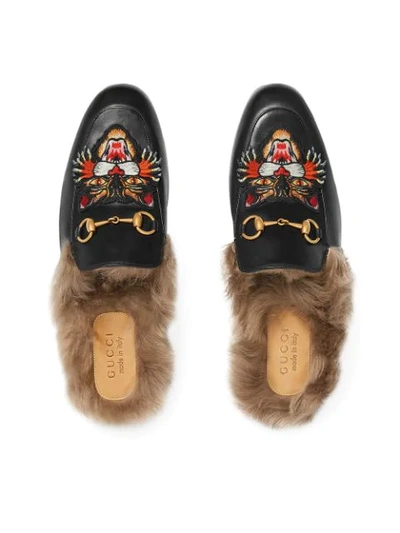 Shop Gucci Princetown Slippers With Angry Cat Appliqué In Black