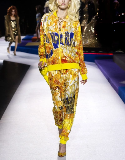 Shop Moschino Jogging With Beads And Sequins Embroidery In Yellow