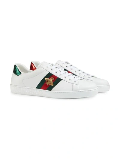 Shop Gucci White Ace Bee Striped Leather Sneakers