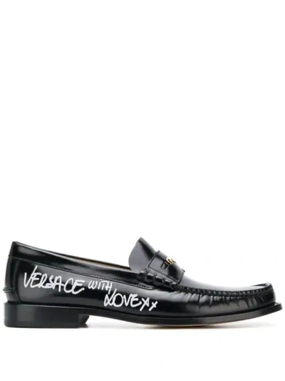 Shop Versace 'with Love' Side Stamp Loafers - Black