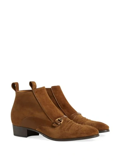 Shop Gucci Buckle Detail Ankle Boots In 2835 Marrone