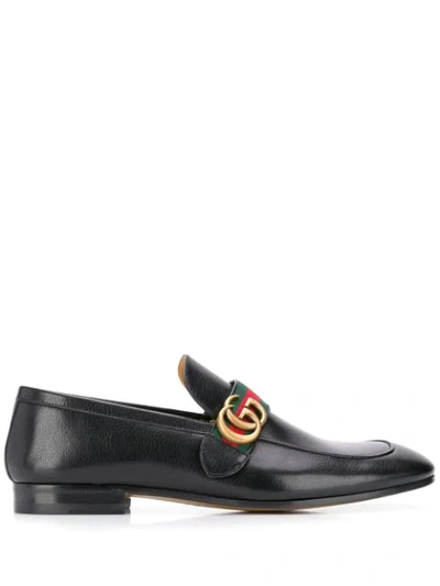 Gucci Leather Loafer With Double G And Web In Black | ModeSens