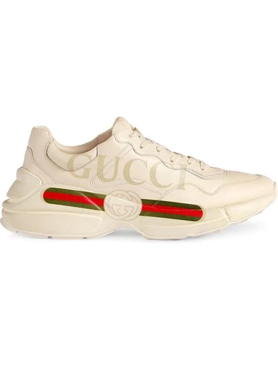 Shop Gucci White Rhyton Logo Print Leather Sneakers In Neutrals