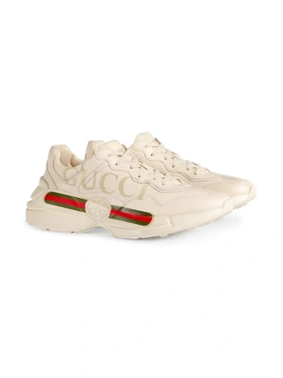Shop Gucci White Rhyton Logo Print Leather Sneakers In Neutrals