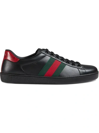 Shop Gucci Black Ace Stripe Leather Sneakers