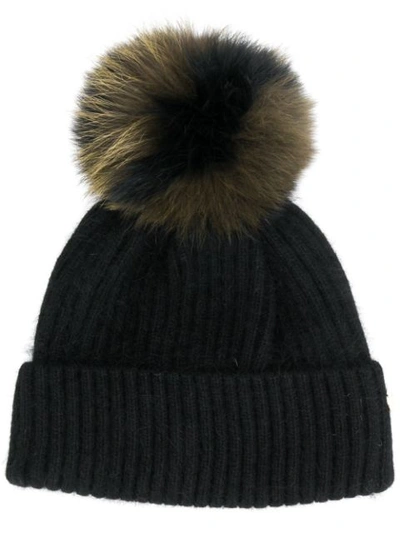 Shop Yves Salomon Beanie Hat With Bobble Detail In Black