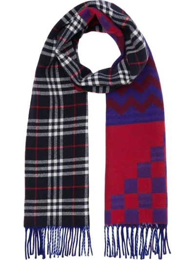 Shop Burberry Reversible Graphic And Check Wool Cashmere Scarf - Blue